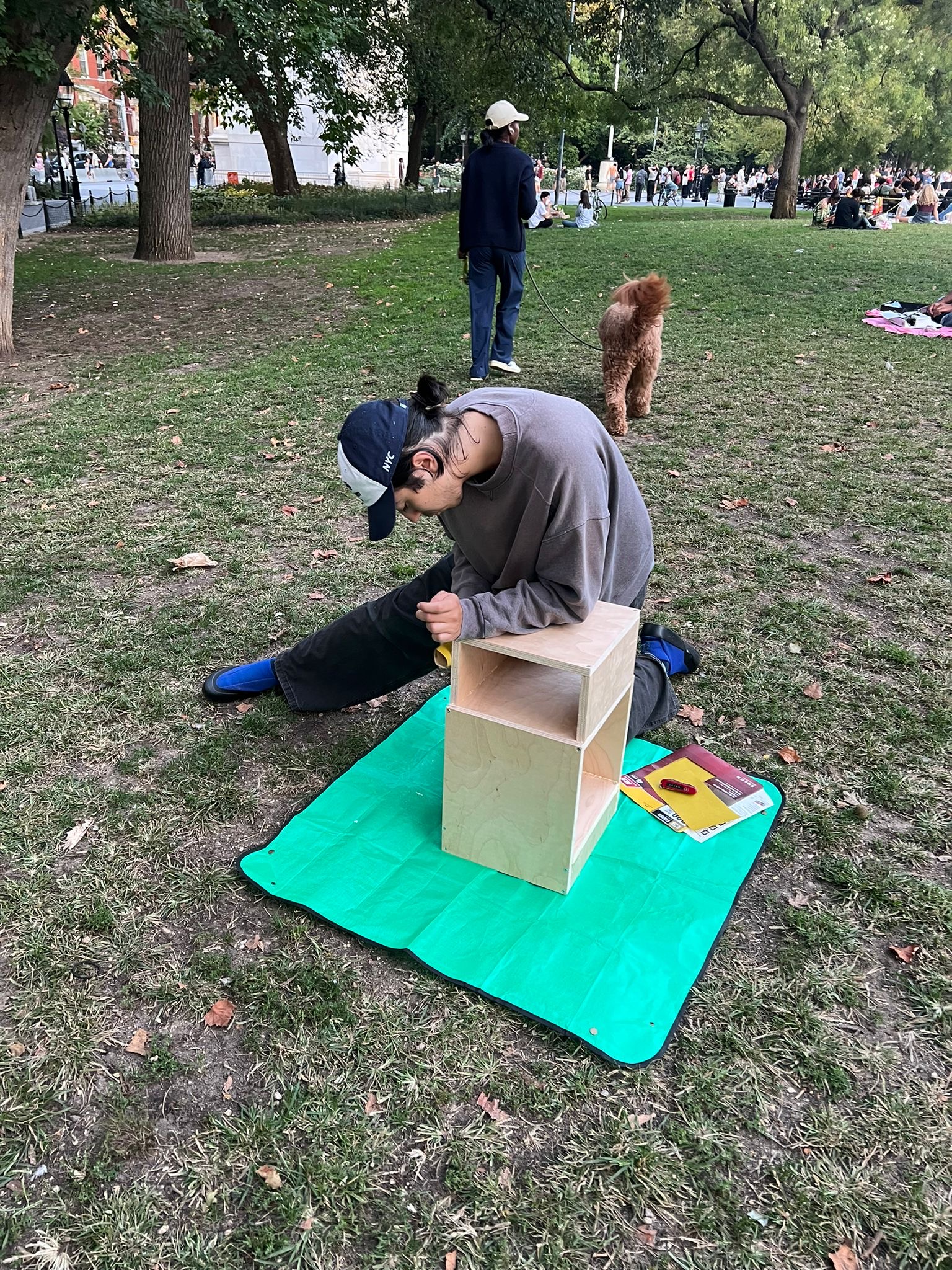 assembling a plywood nightstand box outdoors in a park